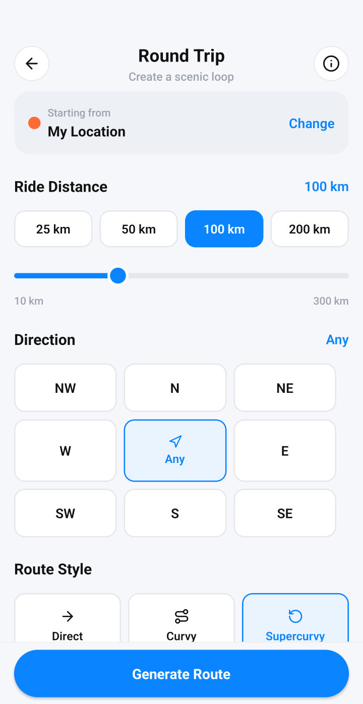 Round trip settings: 100 km, any direction, Supercurvy style.