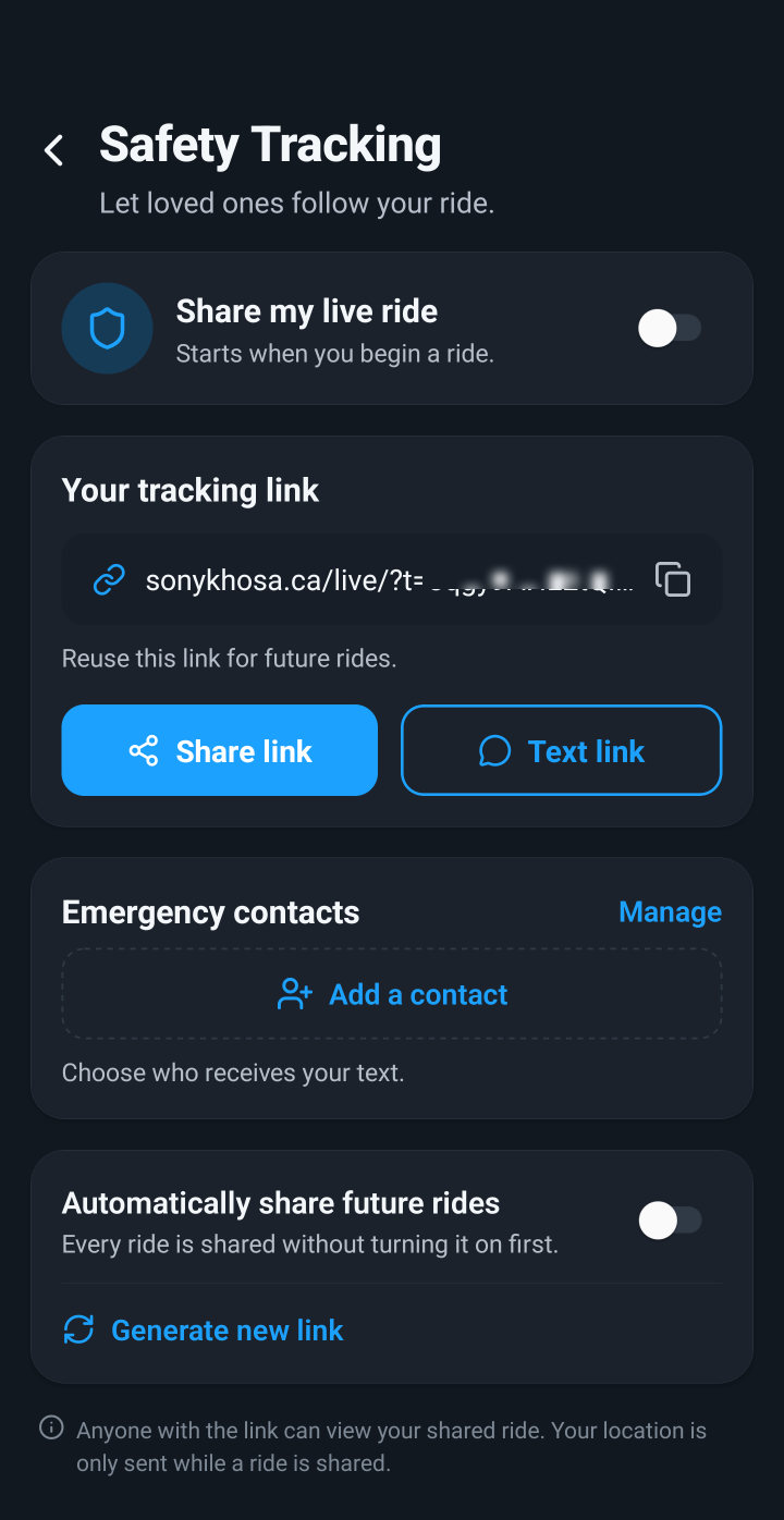 Safety Tracking in dark mode: share my live location, your tracking link with Share link and Text link buttons, emergency contacts, and automatic sharing.